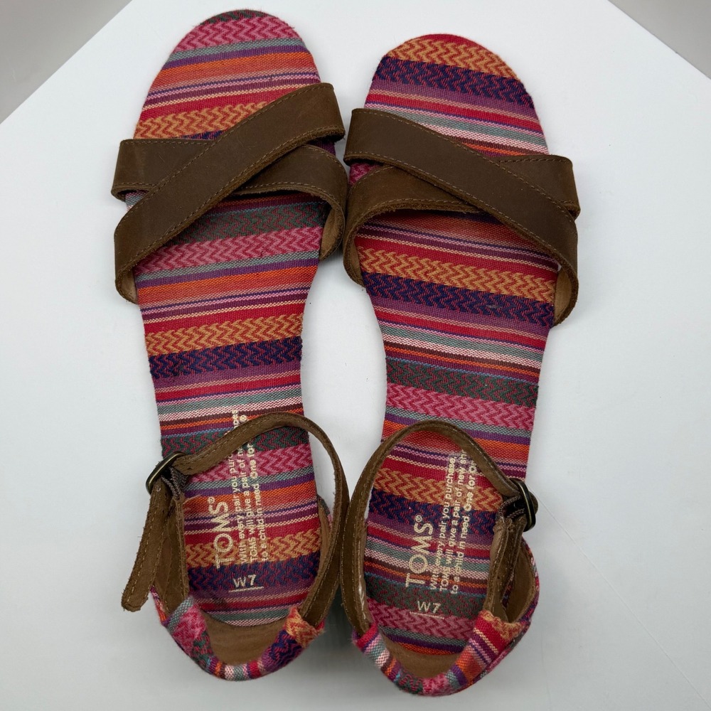 TOMS Womens Multi Color‎ Woven Stripe Ankle Strap Flat Sandals Brown Leather 7